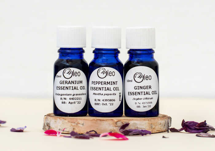 Warming essential oils bottled and placed upon a tree stump, surrounded by flower petals