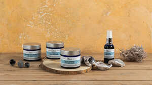 Oleo skincare products and seashells on a wooden surface against an orange background.