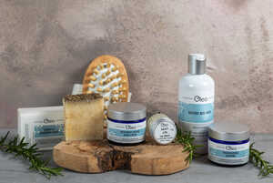 A collection of skincare products arranged on wooden slices with greenery.